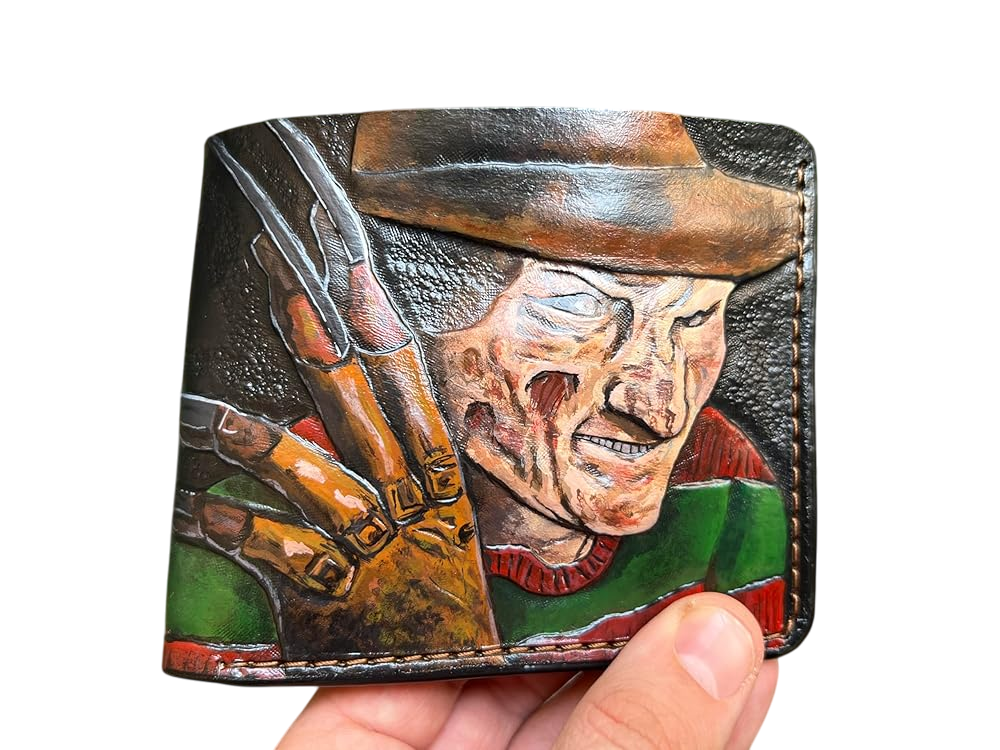 #036 Hand Tooled Freddy Krueger Wallet – A Nightmare, Biker & Embossed Leather Design