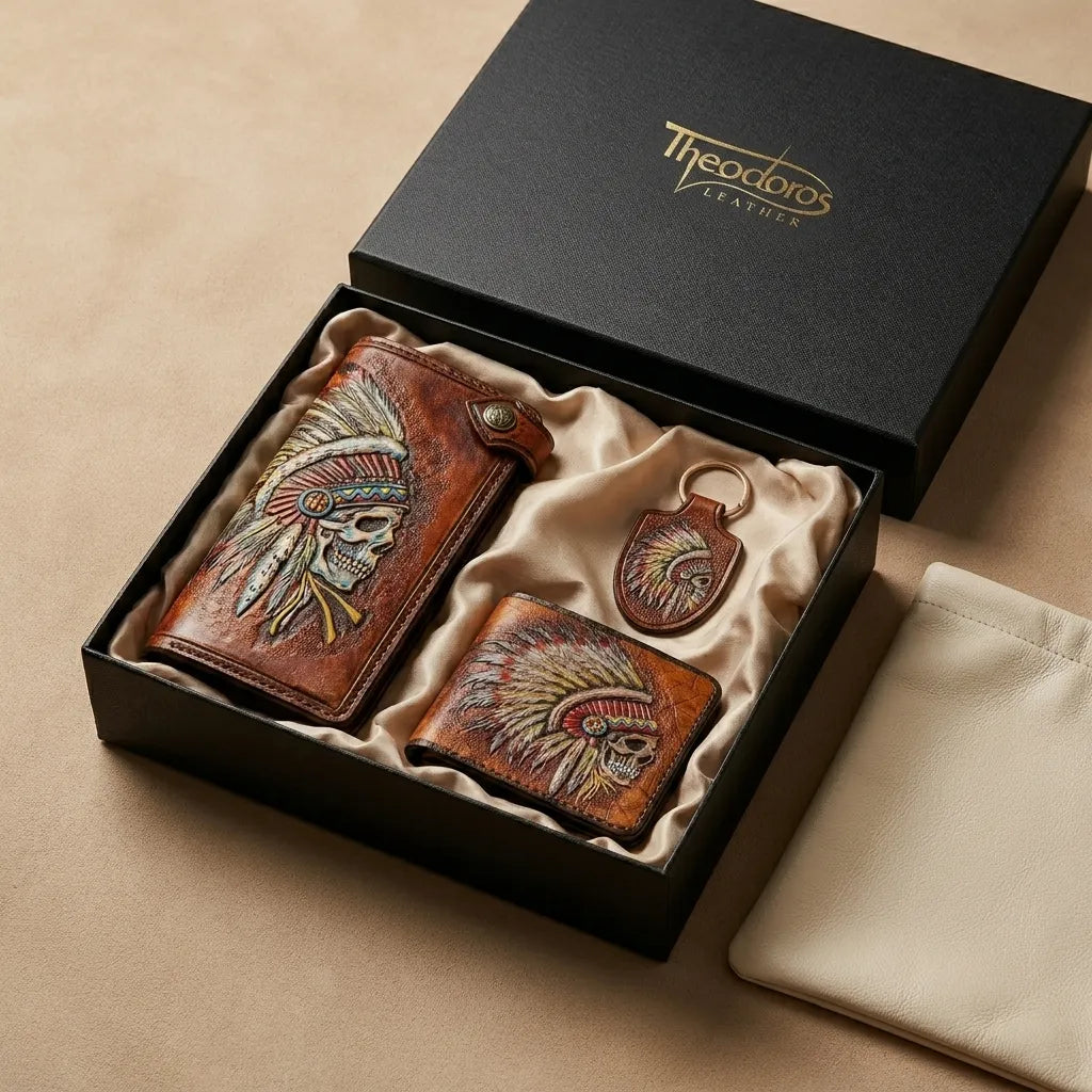 Indian Headdress Skull Leather Wallets & Keychain Gift Set