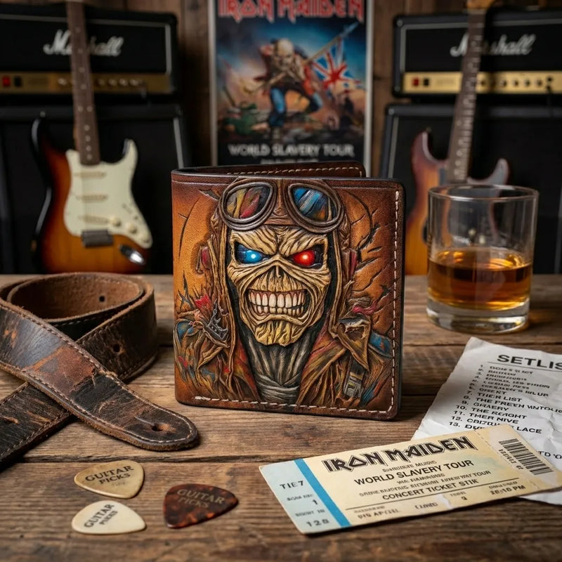 Custom handmade leather wallet with high-relief hand-carving of a skeletal pilot, featuring vibrant red and blue eye accents.