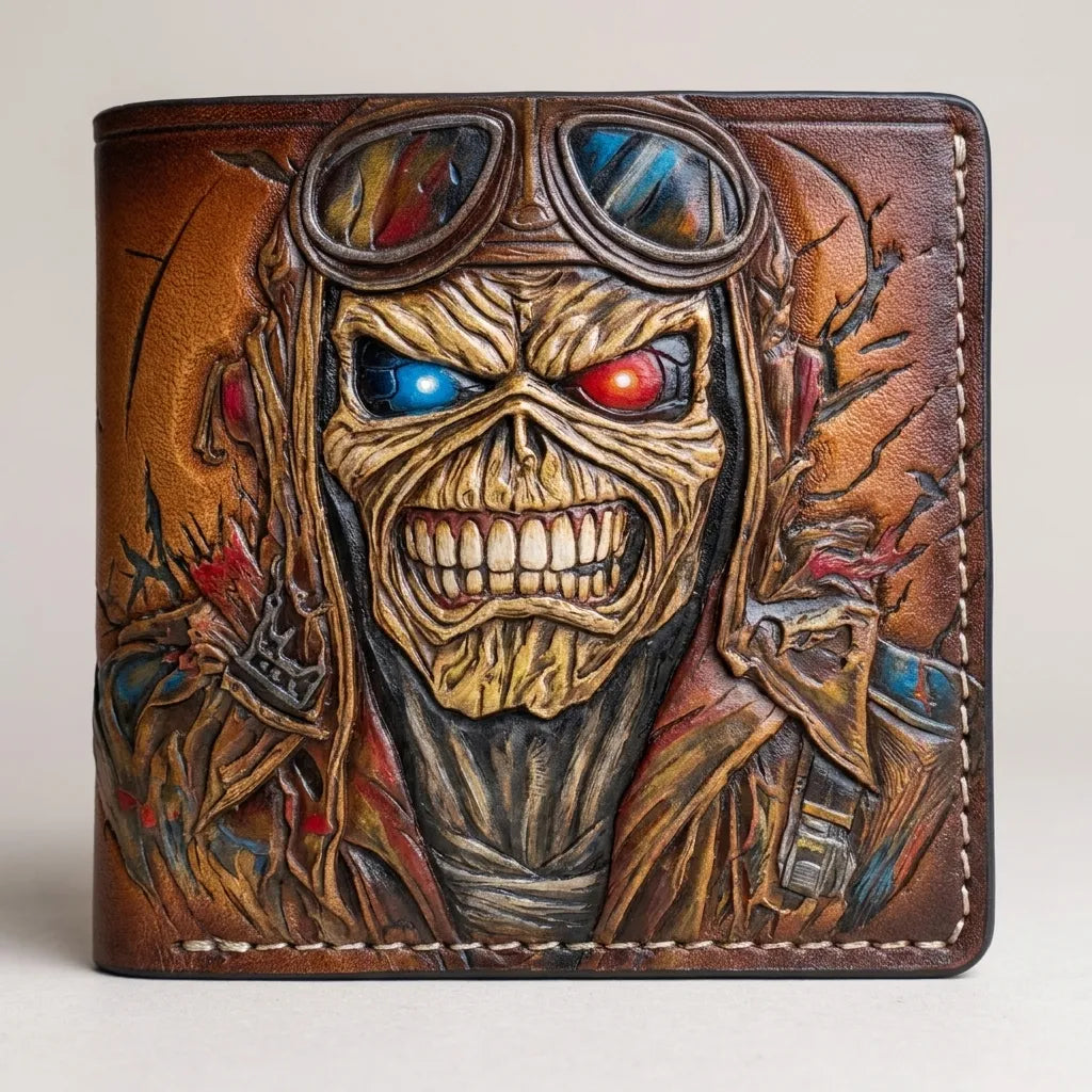 Iron Maiden-inspired hand-tooled leather wallet showing a detailed Eddie character with aviator helmet, and goggles.