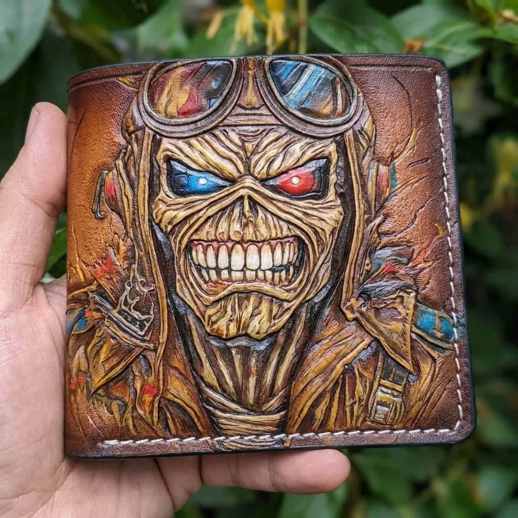 Iron Maiden Eddie "Aces High" handmade leather wallet with hand-carved pilot artwork and vintage burnished edges.