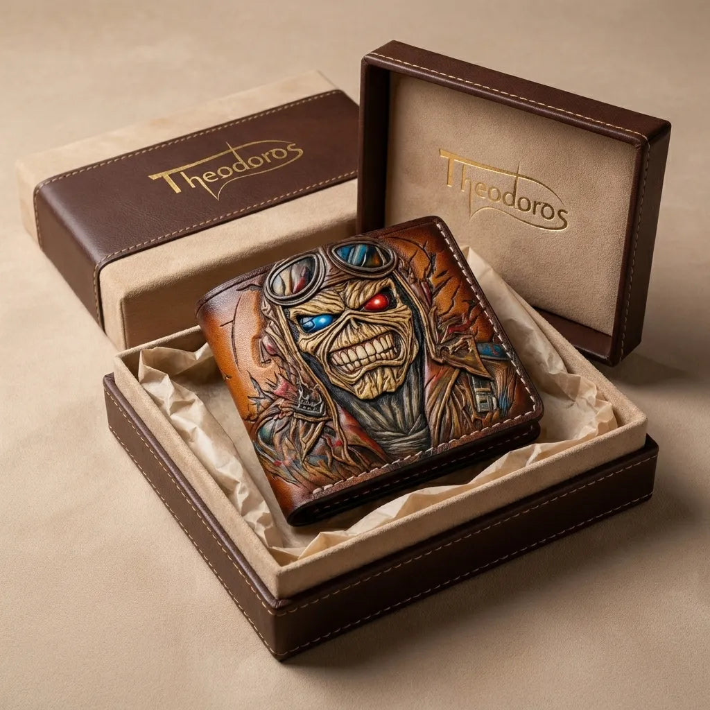 Theodoros luxury gift set featuring a hand-tooled Iron Maiden Eddie "Aces High" handmade leather wallet in a premium box.