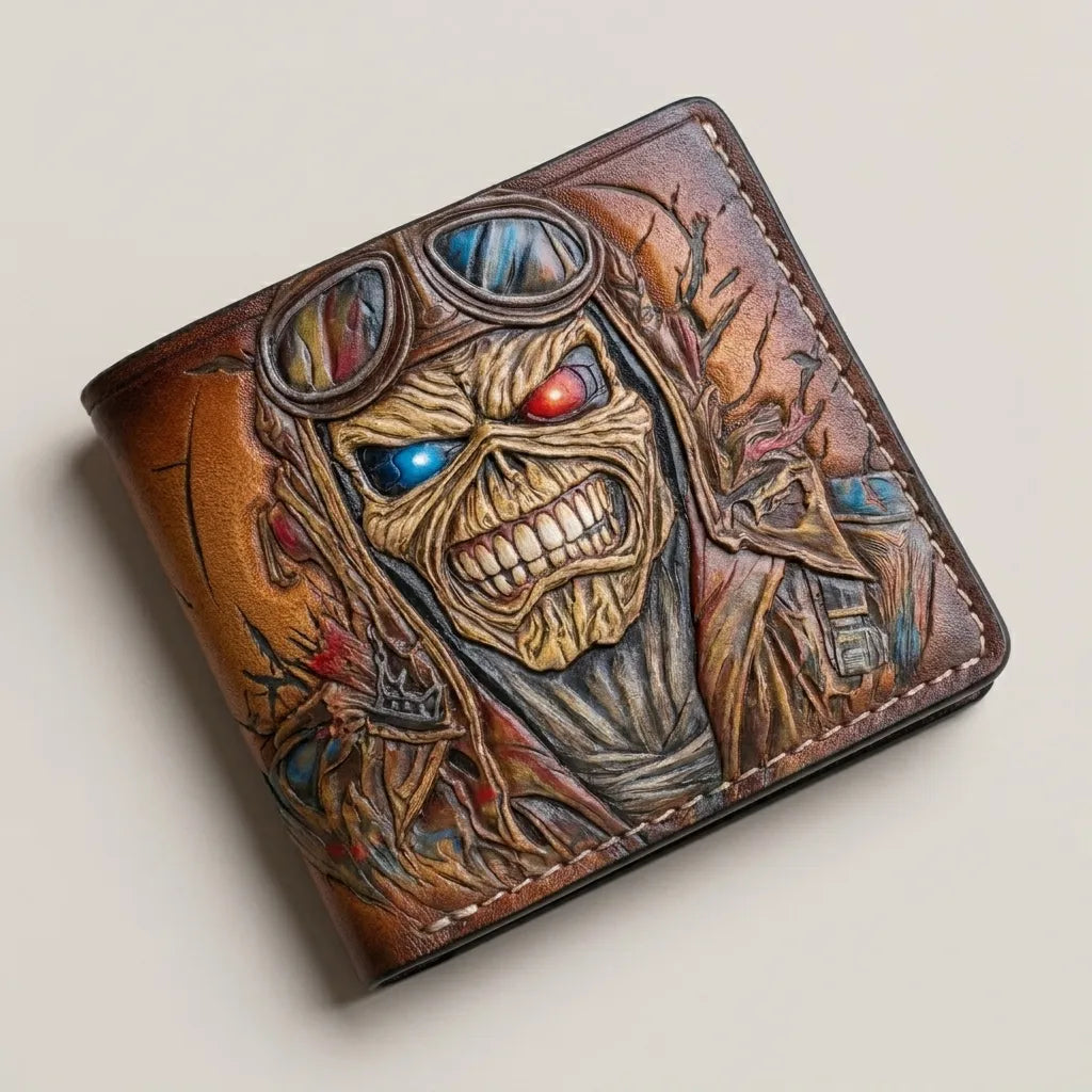 Hand-tooled leather bifold wallet featuring Iron Maiden’s mascot, Eddie, in his "Aces High" pilot gear.