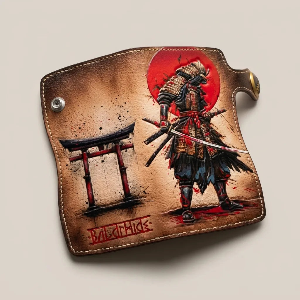 Japanese Samurai Hand-Tooled Full-Grain Leather Biker Wallet