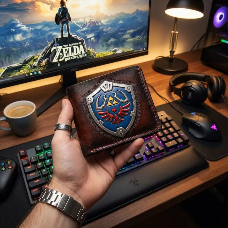 A premium Zelda Hylian Shield full-grain leather bifold LOZ wallet held over a PC gaming setup with Ocarina of Time on screen.