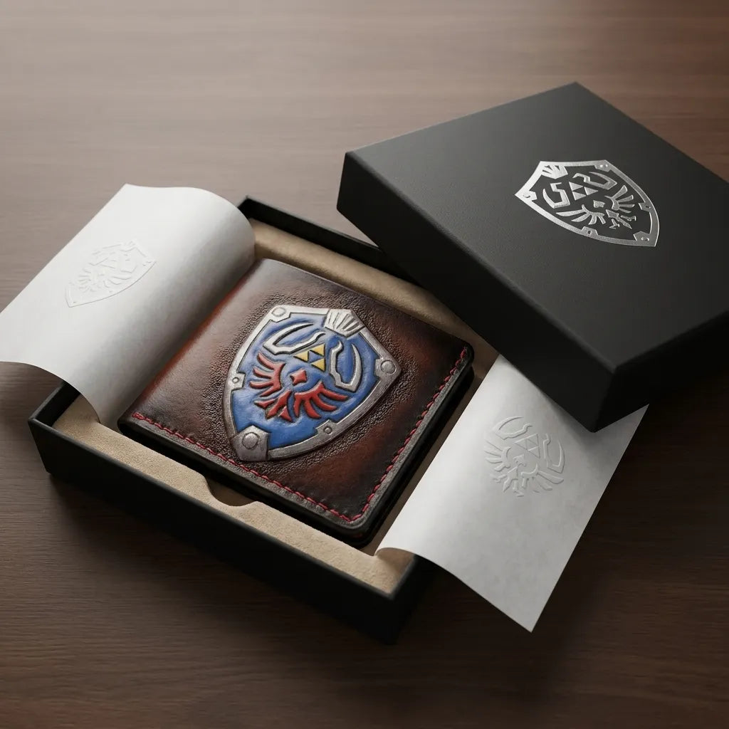 Legend of Zelda Hylian Shield leather wallet nestled in a luxury black gift box with silver foil branding, a unique gamer gift.