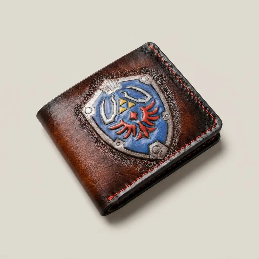 Full grain leather LOZ wallet featuring a hand-carved Legend of Zelda Hylian Shield design handmade by Theodoros Leather.