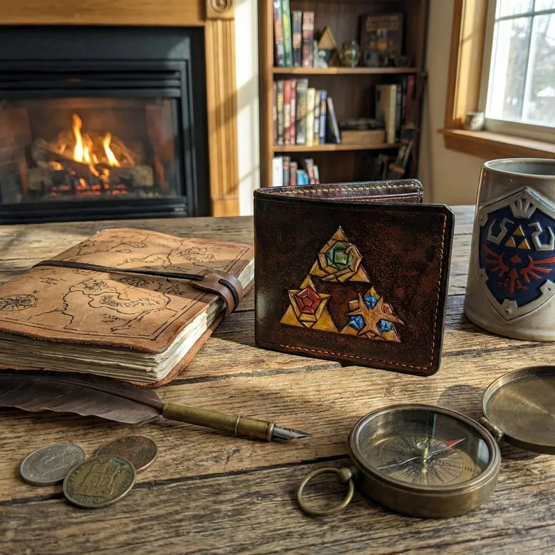 Luxury Zelda themed leather bifold LOZ wallet styled in a complete Nintendo Switch gaming desktop, perfect custom holiday gift.