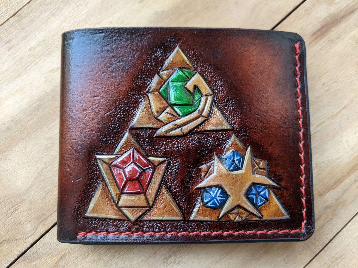 Full-grain leather men's LOZ wallet with custom Zelda Spiritual Stones hand-tooled by Theodoros leathercraft artisans.