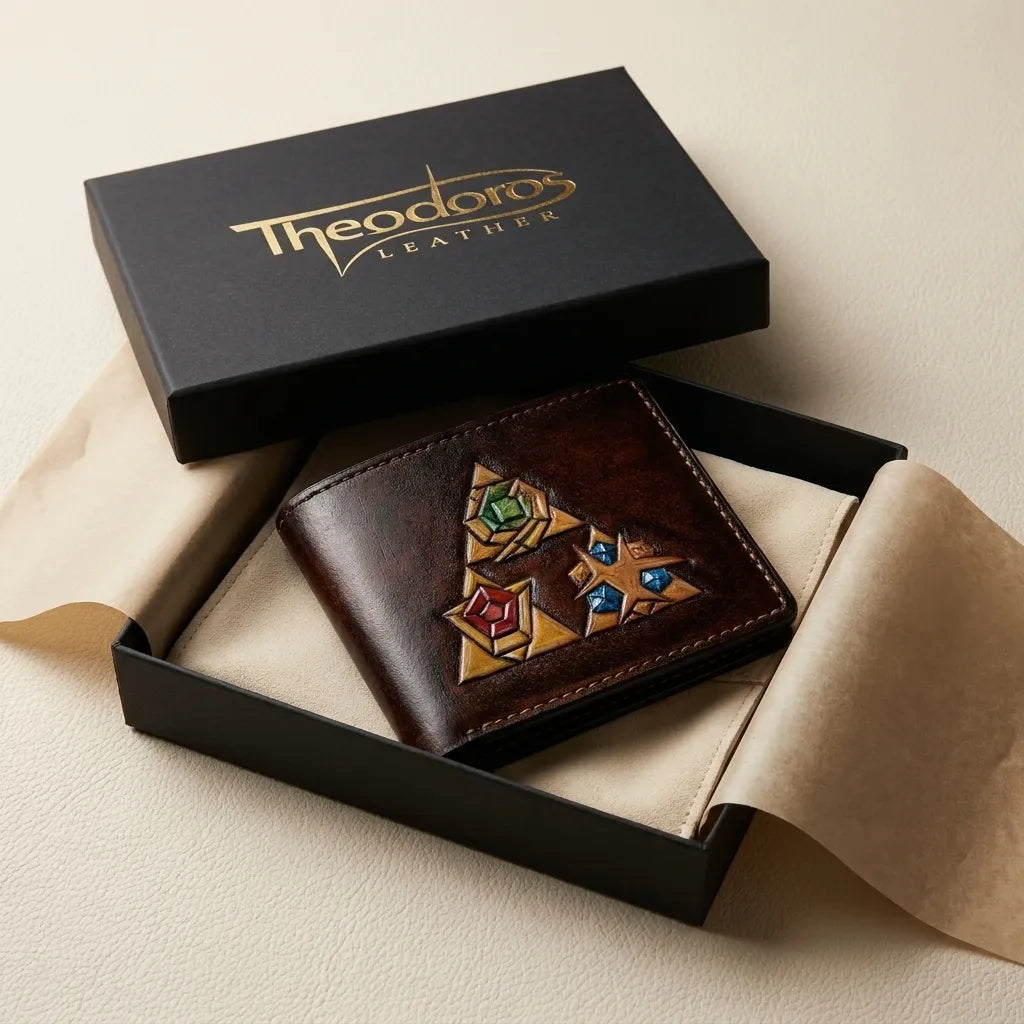 Theodoros Leather Zelda Spiritual Stones wallet nestled inside a luxury matte black gift box with gold foil branding.