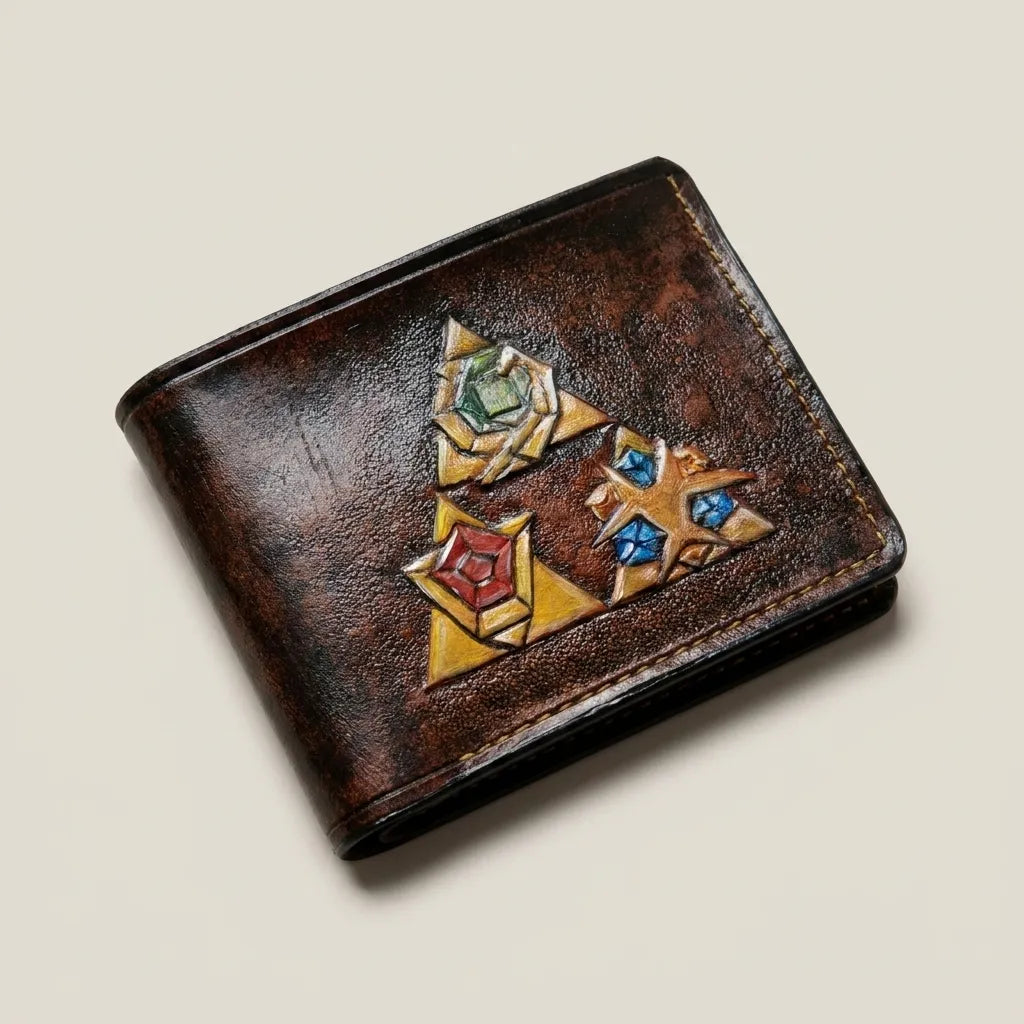 Artisan full-grain leather Zelda Ocarina of Time wallet with colorful LOZ Spiritual Stones, handmade by Theodoros Leather.