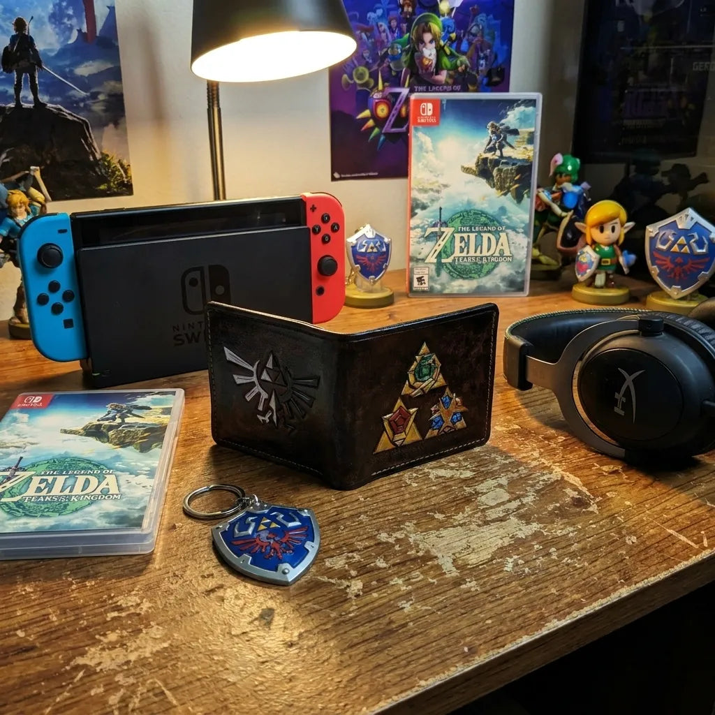Luxury Zelda Twilight Princess themed leather LOZ wallet held over an RGB gaming desk setup, perfect geek gift for gamers.
