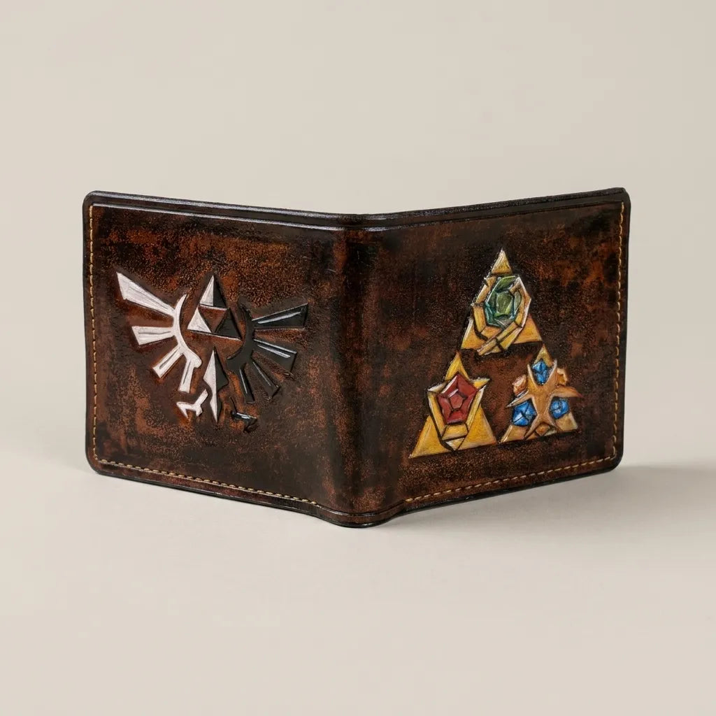 Custom handmade Zelda Ocarina of Time leather wallet with hand-tooled Spiritual Stones and Hylian Crest design by Theodoros.
