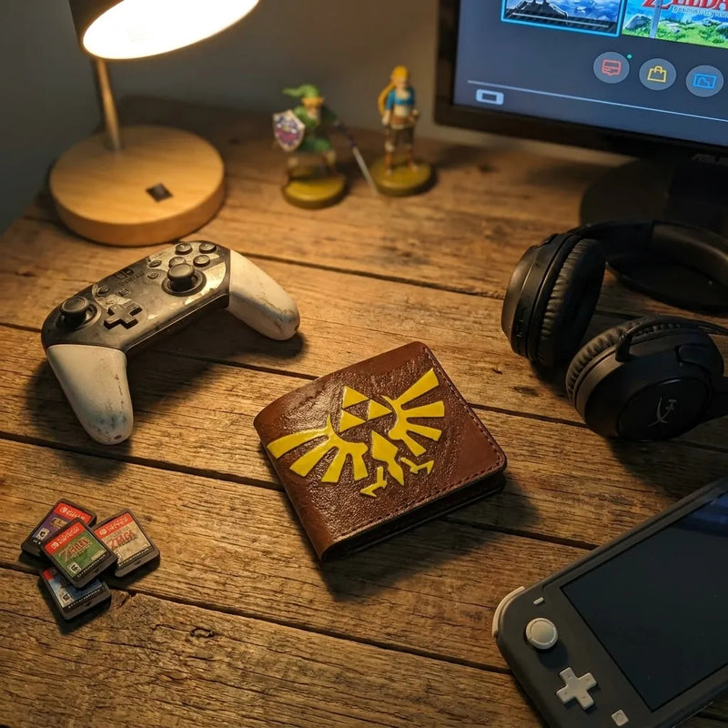 Handmade Theodoros leather Zelda wallet with Hylian Crest design on a wooden gamer desk with Nintendo Switch accessories.