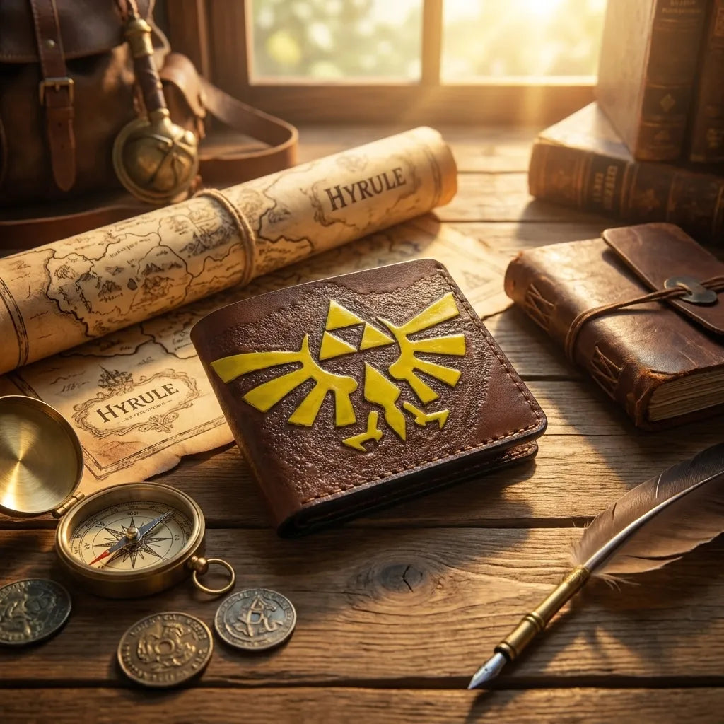 Premium leather Legend of Zelda Hylian Crest wallet styled with a fantasy Hyrule map and compass, crafted by Theodoros artisans.