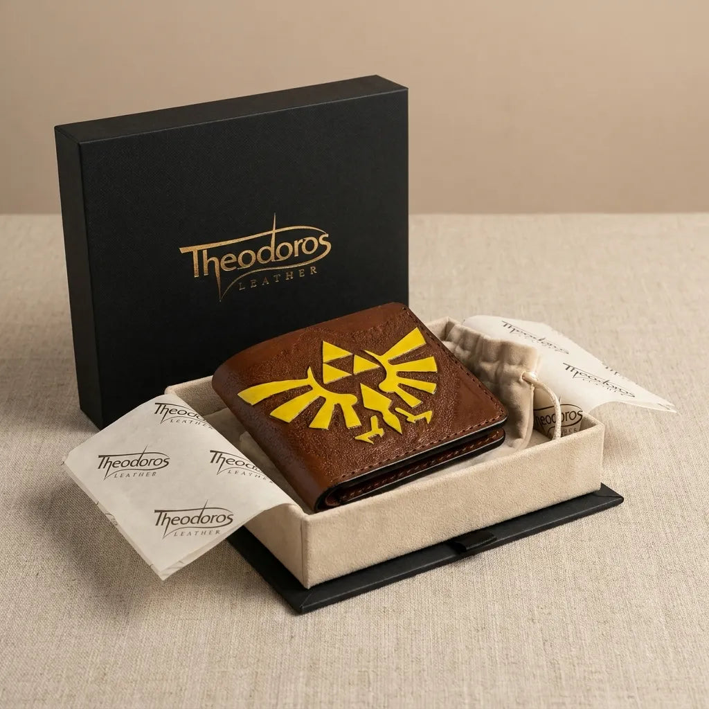 Premium Theodoros leather Legend of Zelda full-grain leather bifold wallet presented inside a luxury black gift box.