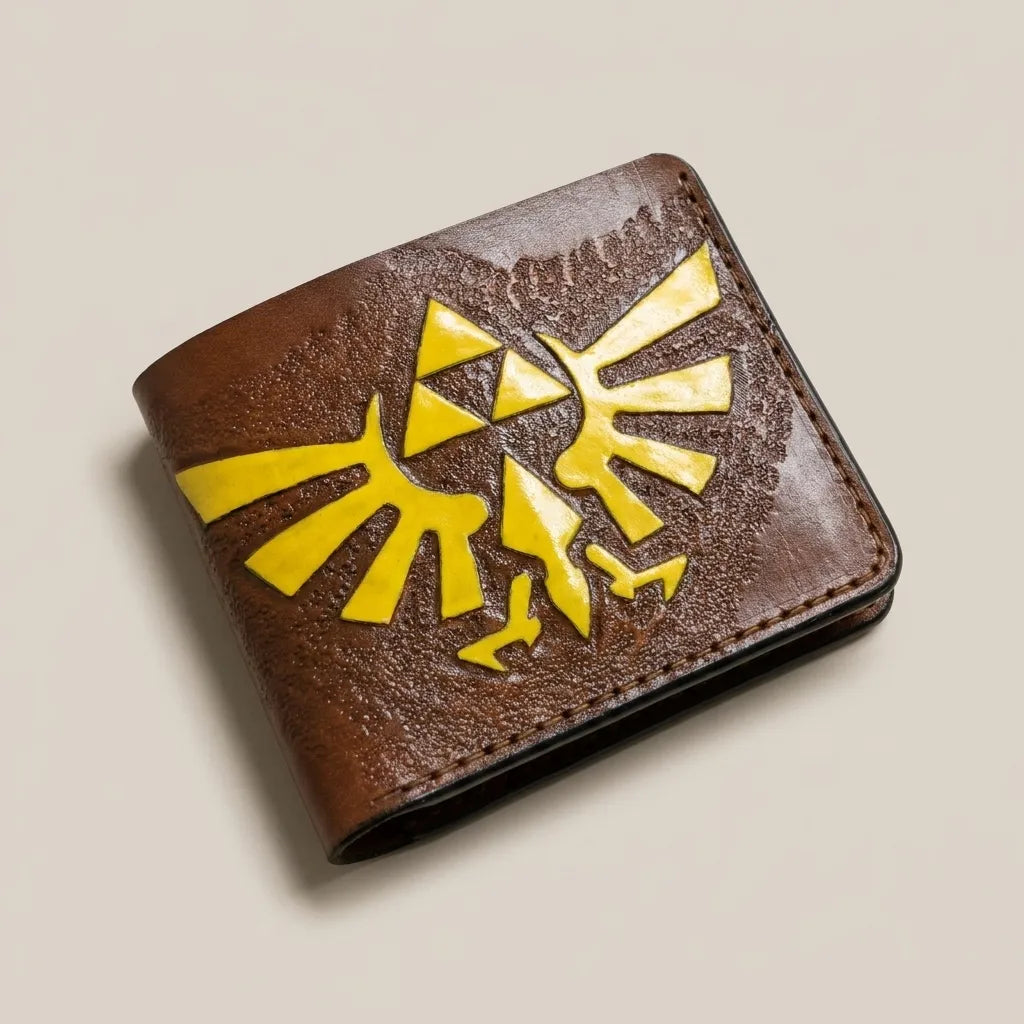 Hand-tooled full-grain leather Legend of Zelda bifold wallet with a detailed gold Hylian Crest carving by Theodoros Leather.