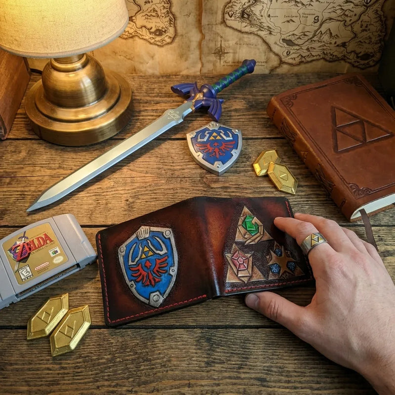 Luxury Zelda collector's leather wallet showcased in a Nintendo Switch gaming setup, perfect custom gift for Legend of Zelda fans.