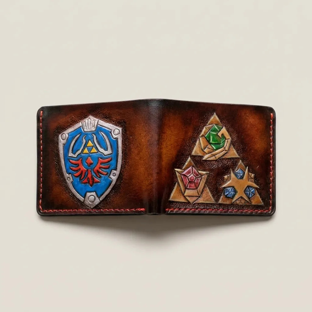 Custom carved full-grain leather Zelda Hylian Shield wallet featuring a Spiritual Stones design, handmade by Theodoros Leather.