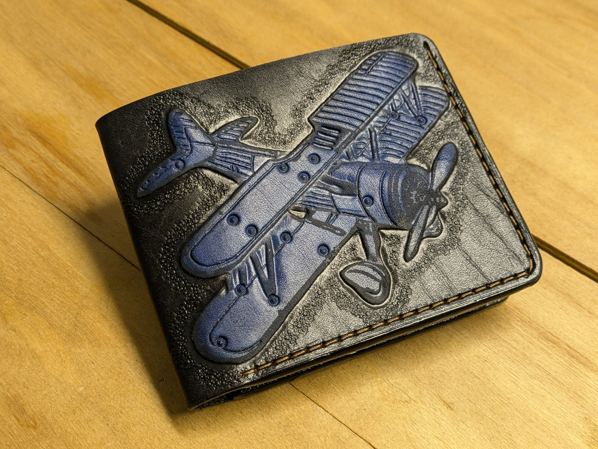M1F5, Biplane Cutaway Design Embossed Bifold Leather Wallet - Theodoros