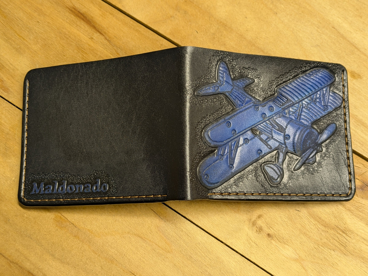 M1F5, Biplane Cutaway Design Embossed Bifold Leather Wallet - Theodoros