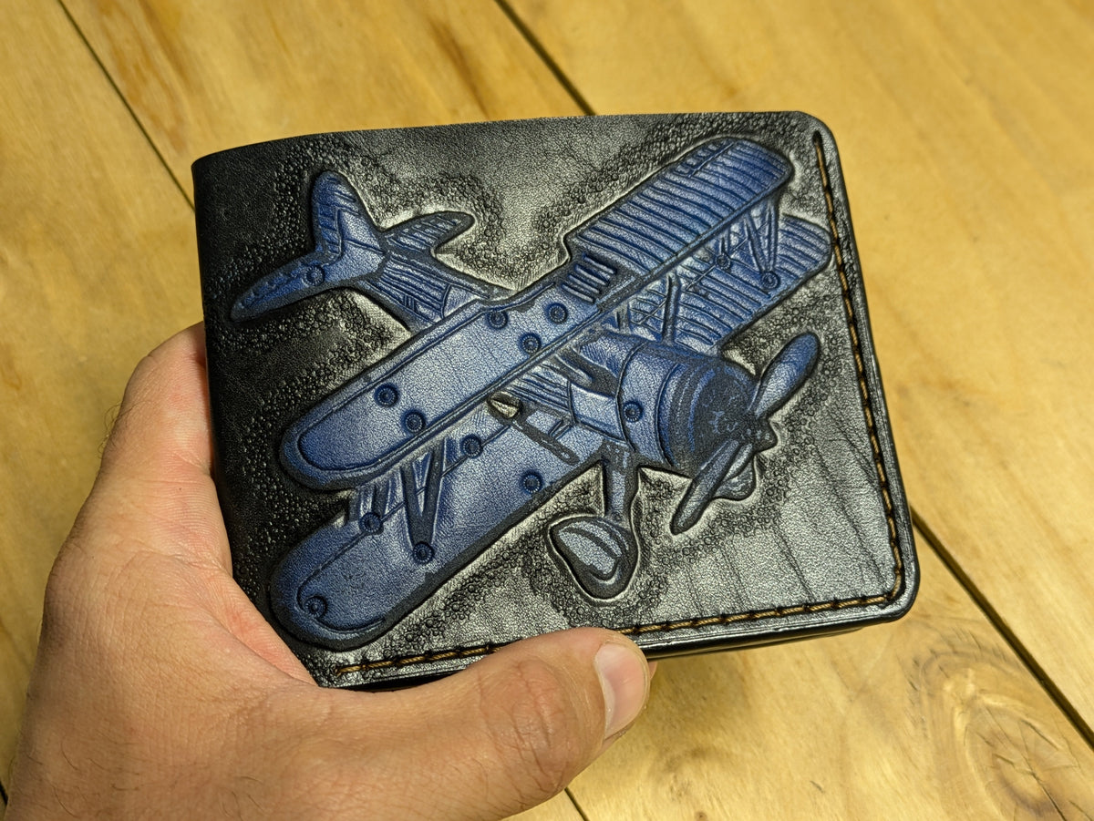 M1F5, Biplane Cutaway Design Embossed Bifold Leather Wallet - Theodoros