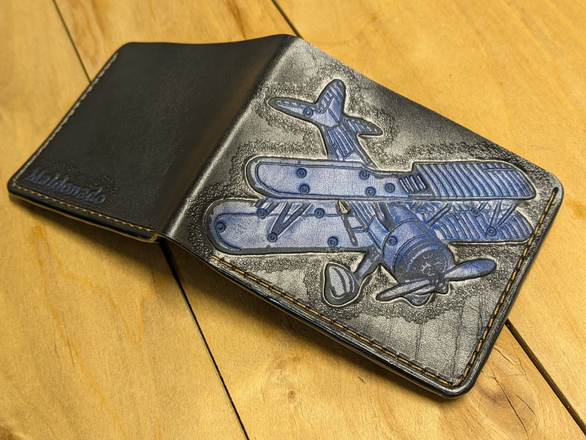 M1F5, Biplane Cutaway Design Embossed Bifold Leather Wallet - Theodoros