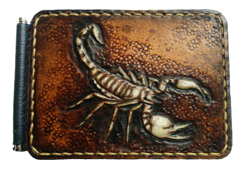 M3A2, Emperor Scorpion Minimalist Leather Money Clip Wallet | Handmade Slim Deathstalker Design - Theodoros