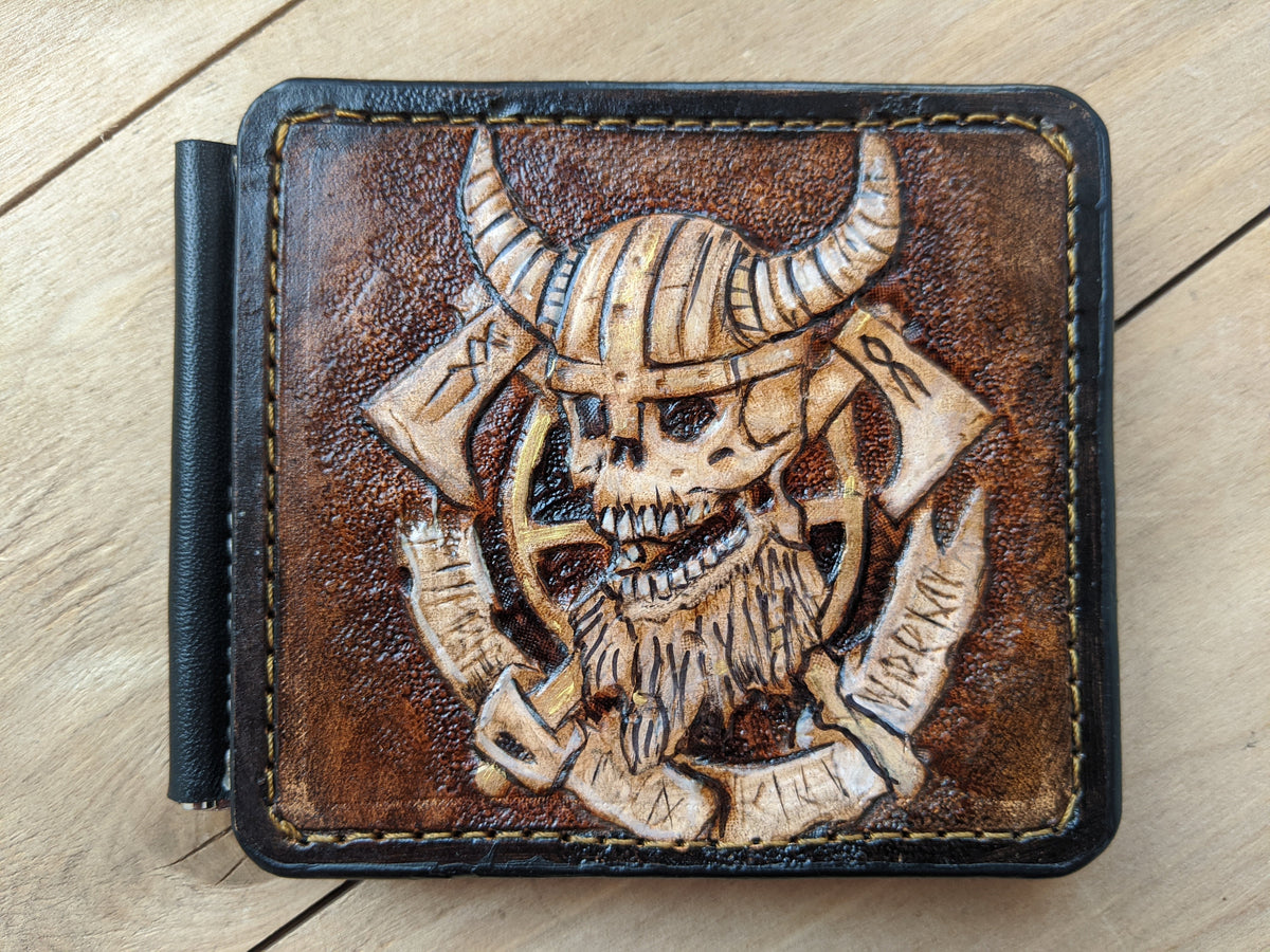 M3Q2, Viking Warrior Odin Skull & Runes Money Clip Wallet - Theodoros