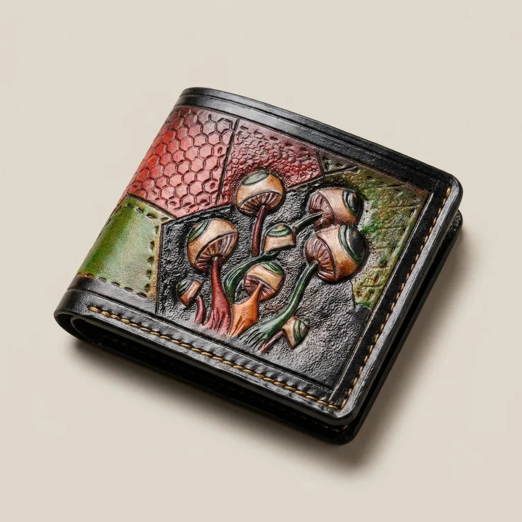Magic Mushroom Psychedelic Hand-Tooled Bifold Leather Wallet