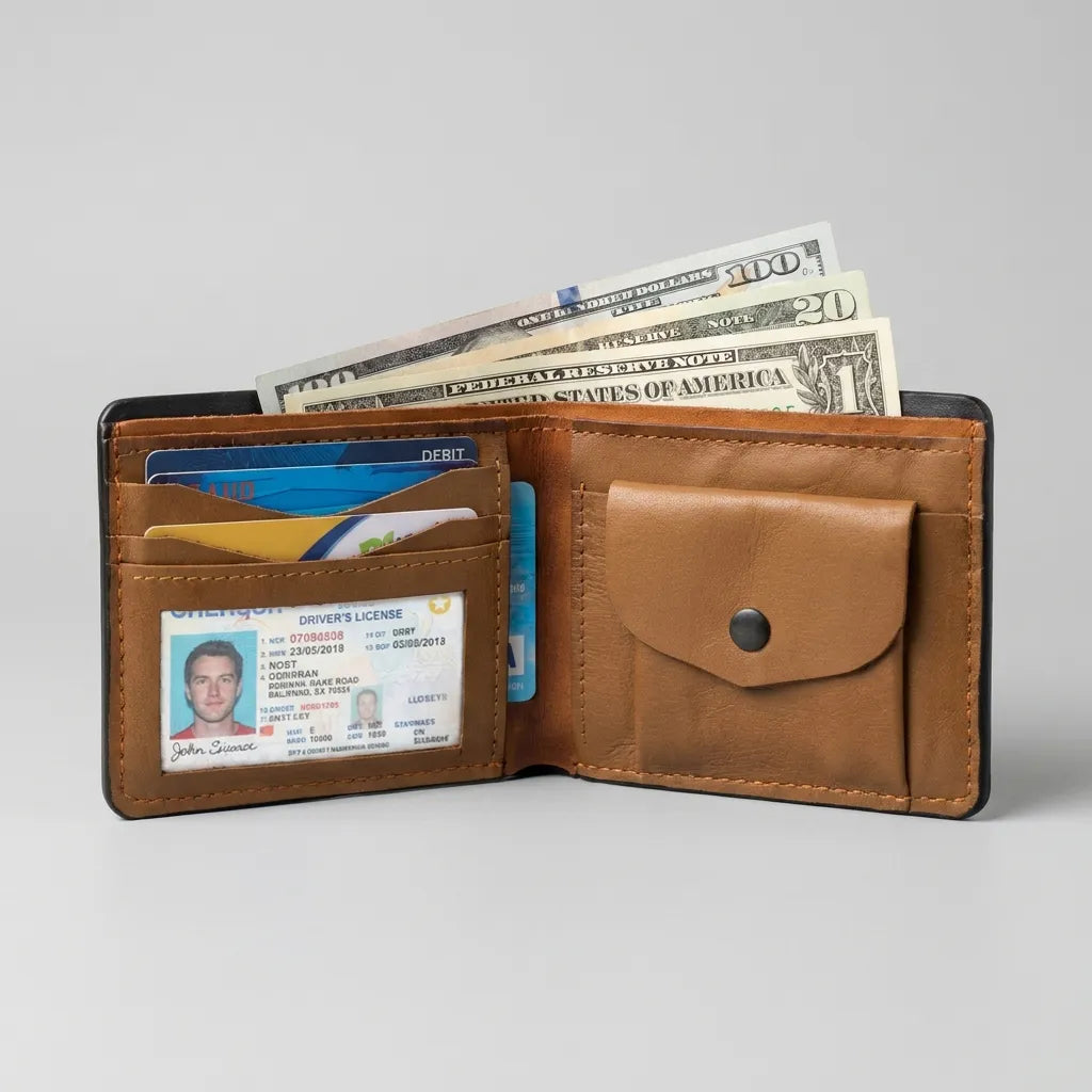 Men's bifold full grain leather wallet interior with card slots coin pocket and ID window