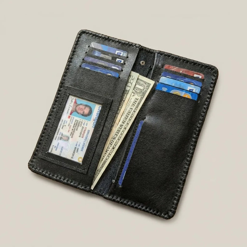 Men’s long biker wallet style with a rugged leather look