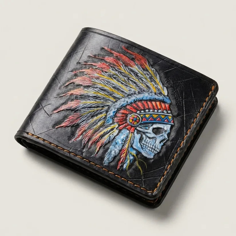 Native American Indian Apache Headdress Skull Leather Wallet