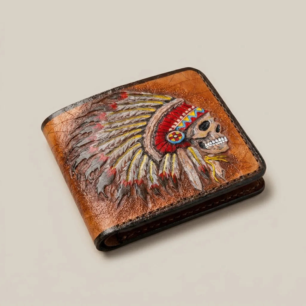 Native American Indian Chief Headdress Skull Leather Wallet