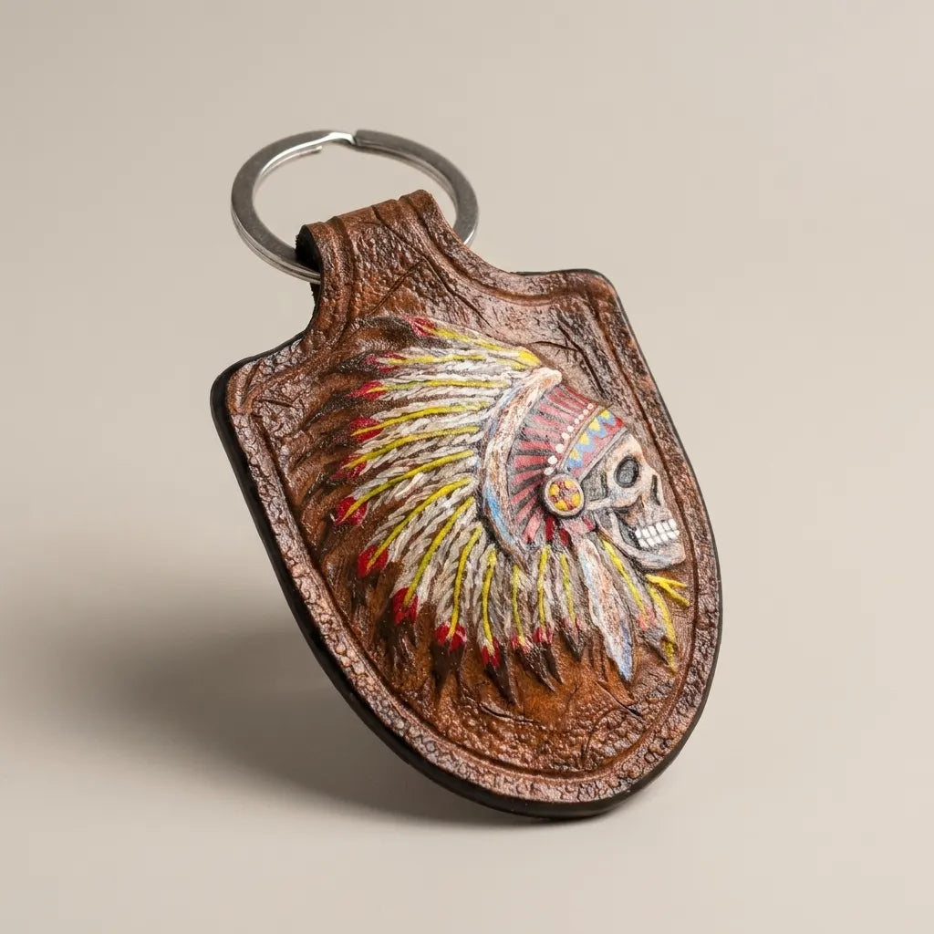 Native American Indian Headdress Skull Leather Keychain