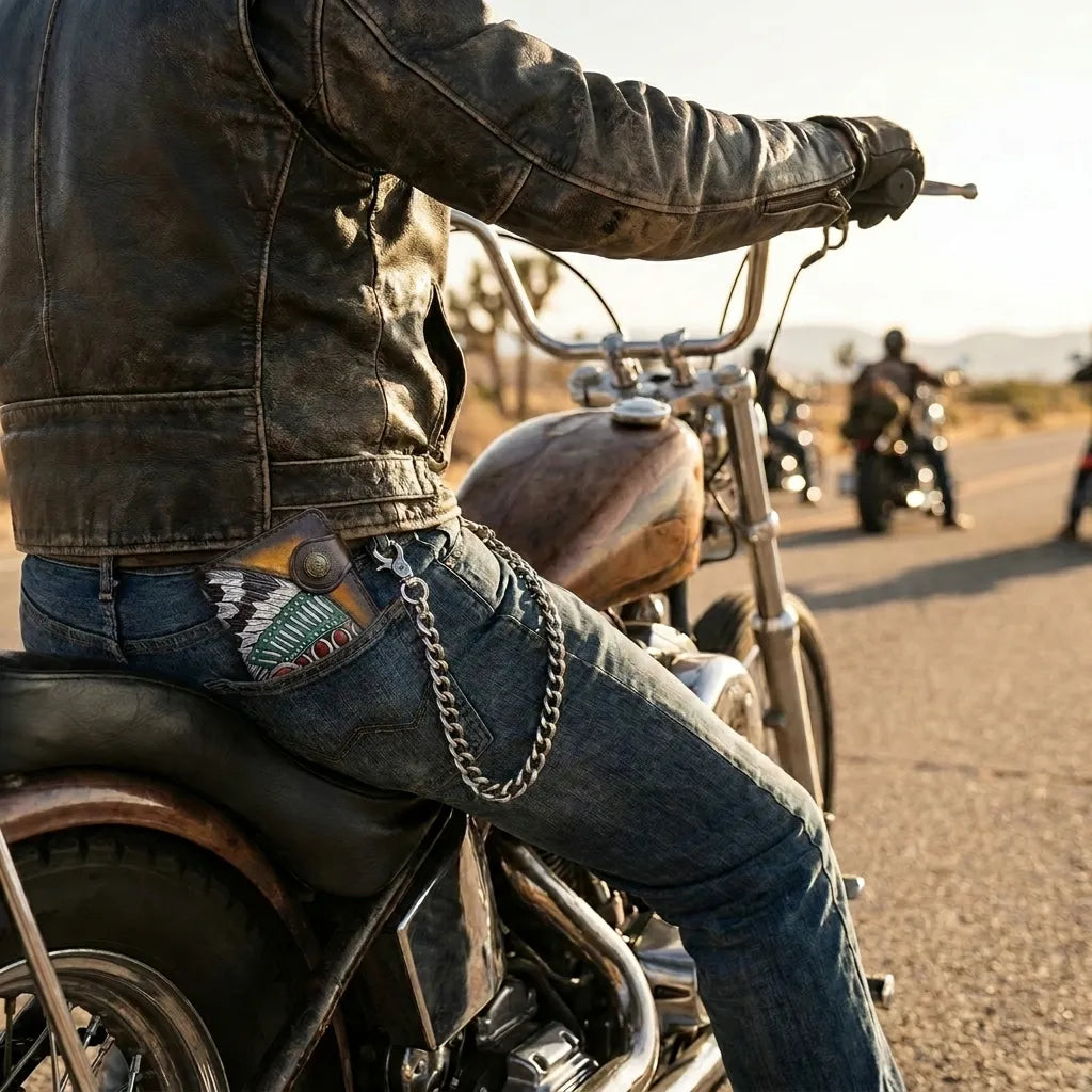 Biker in a leather jacket riding a motorcycle with a hand-tooled long wallet and chrome security chain visible in the back pocket.