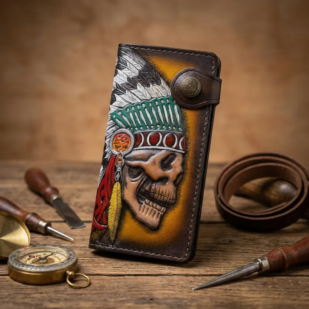 Hand-tooled Native American themed leather wallet displayed on a rustic table alongside traditional leatherworking tools, a brass compass, and a leather belt.