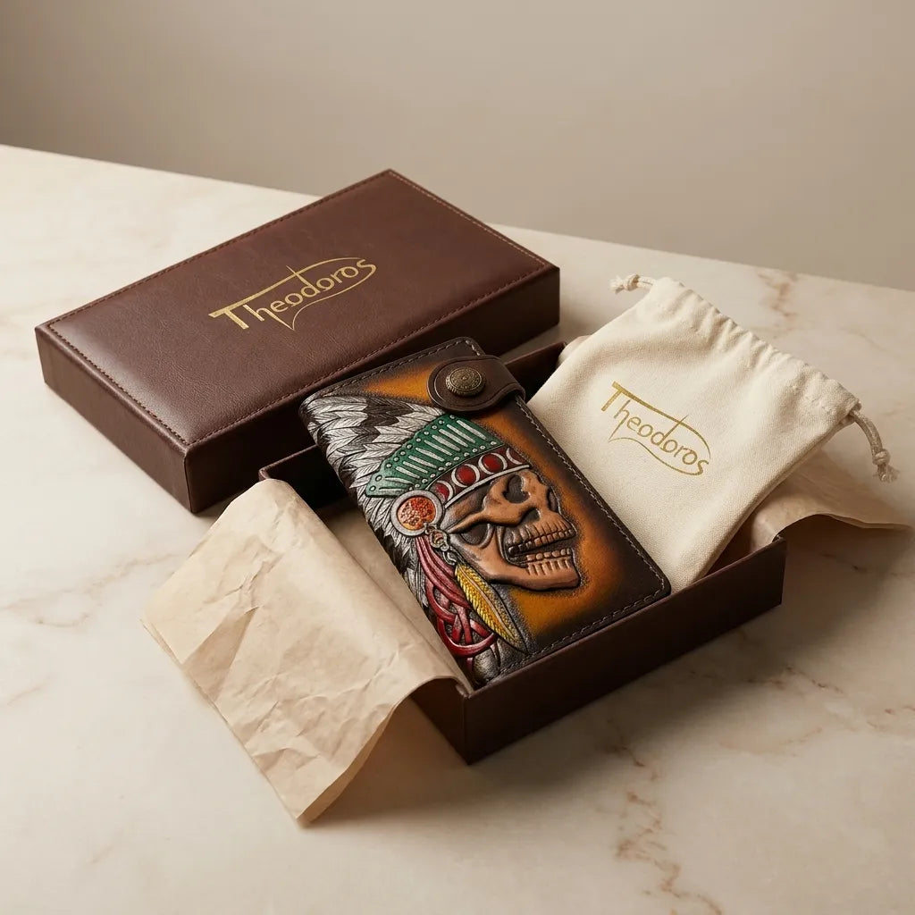 Theodoros luxury gift presentation featuring the hand-carved Indian skull long wallet inside a premium box with a gold foil logo.