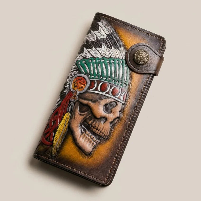 Hand-tooled long leather biker wallet featuring a detailed 3D Indian Apache skull in a Native American headdress.