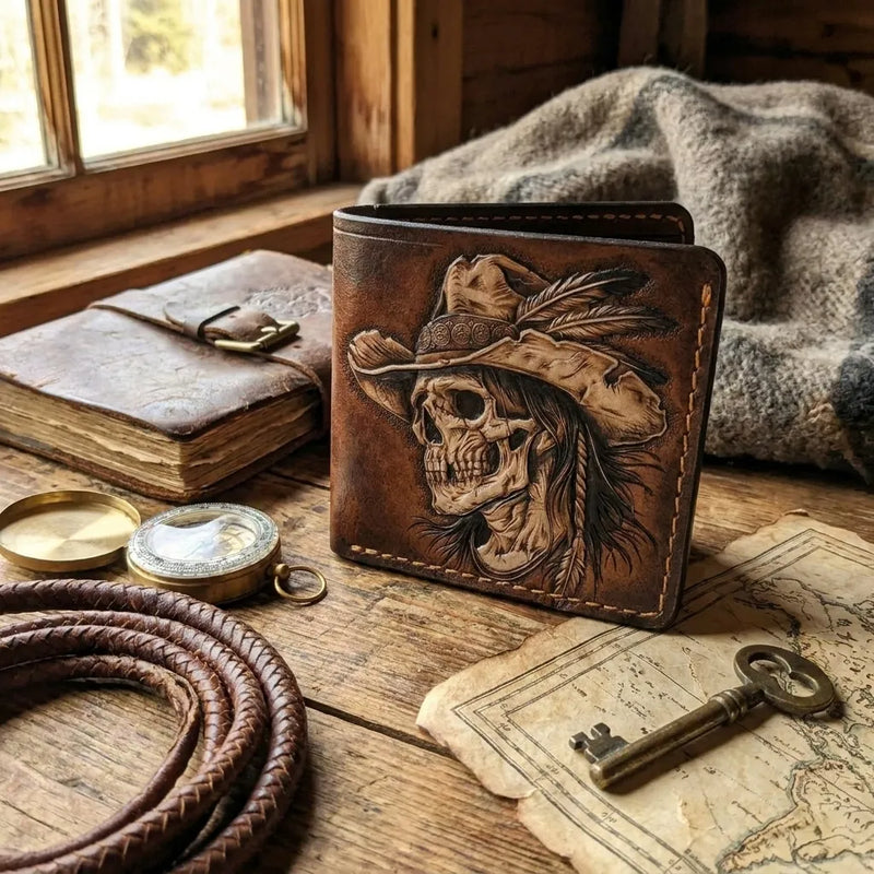 Rustic outlaw skull wallet by Theodoros on a wooden desk with vintage map. Great Texas-made gift.