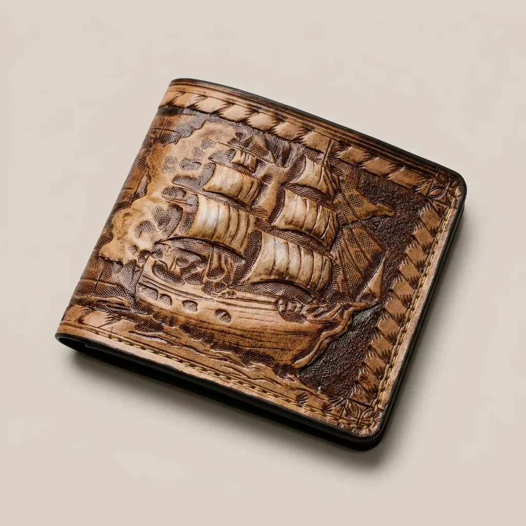 Nautical Pirate Ship & Compass Map Full-Grain Leather Wallet