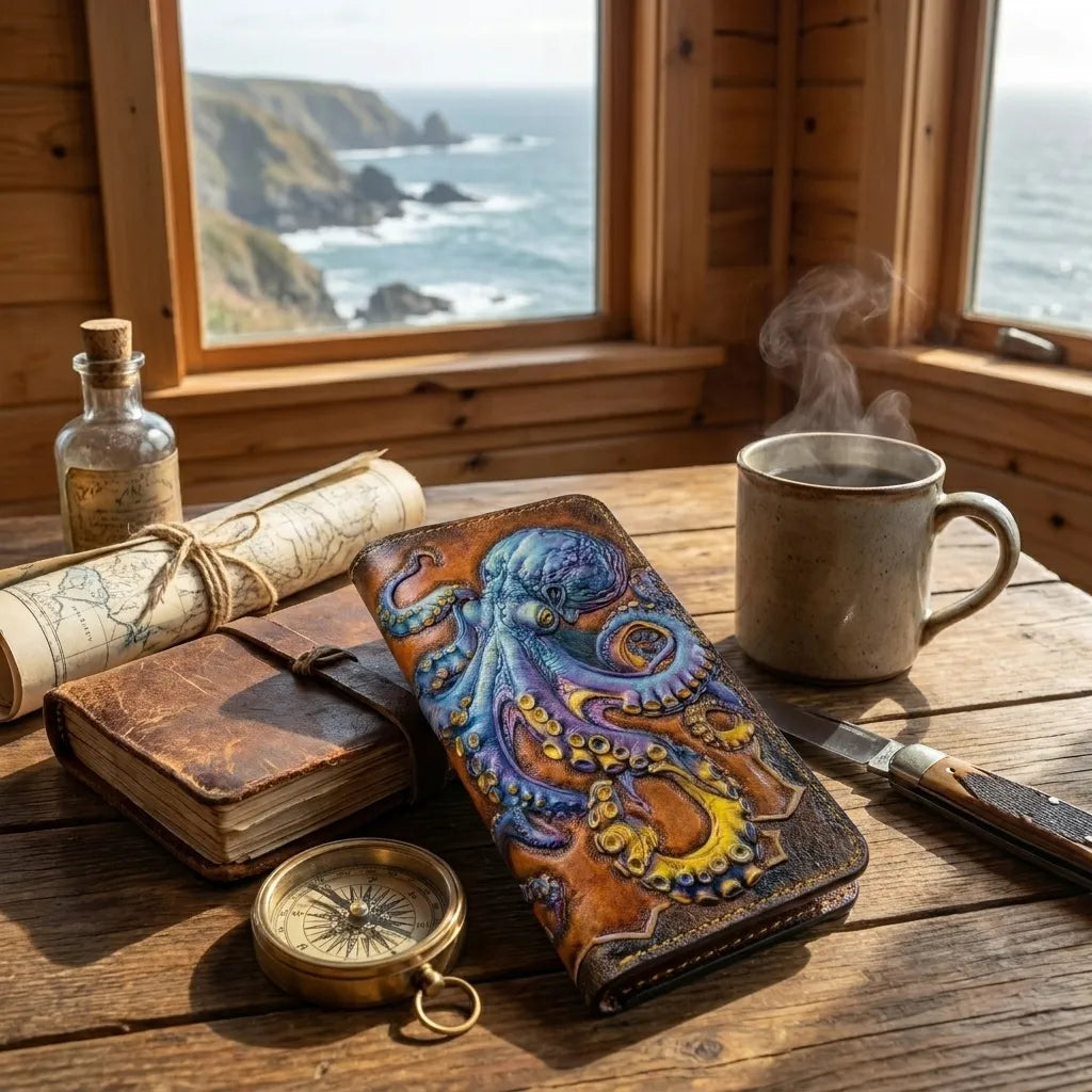 Nautical kraken leather biker wallet on a rustic table with a brass compass, antique sea map, and a steaming coffee mug.