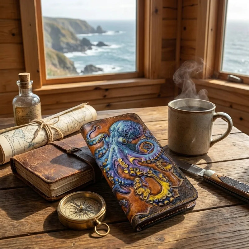 Nautical kraken leather biker wallet on a rustic table with a brass compass, antique sea map, and a steaming coffee mug.