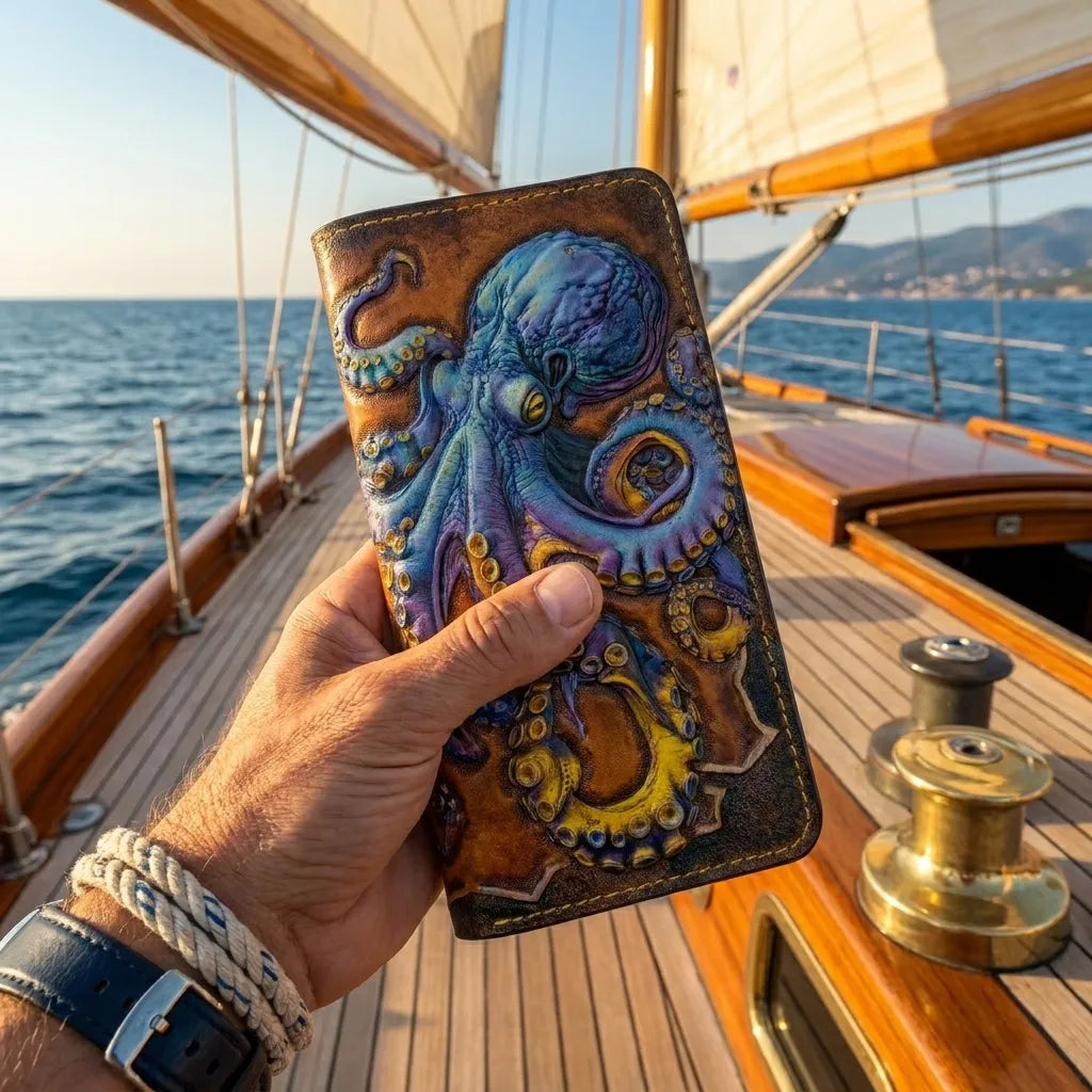 A man holding a hand-carved leather octopus wallet on the wooden deck of a luxury sailing yacht at sea, unique gift for him.