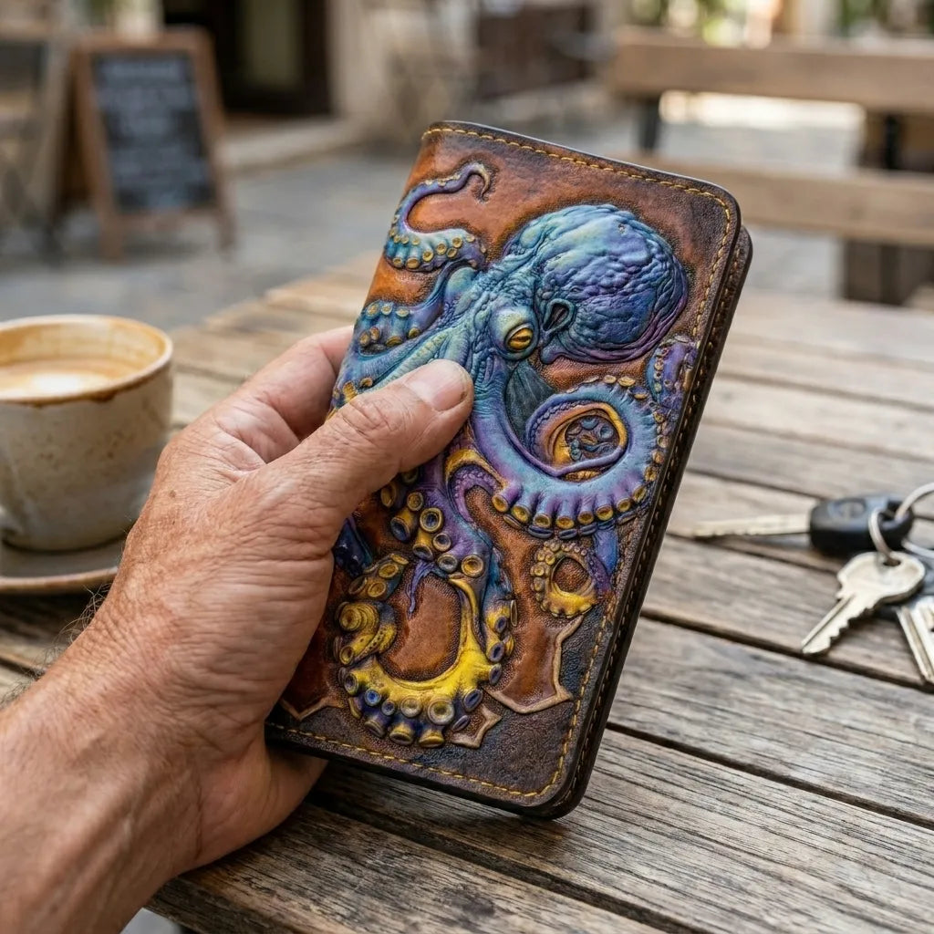 Close-up of a hand-tooled kraken leather chain wallet held at an outdoor cafe table with a latte and keys in the background.