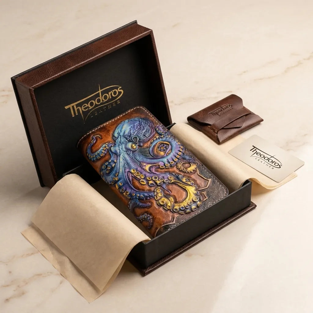 Blue octopus leather wallet packaged in a luxury Theodoros Leather gift box, premium handmade Father's Day gift idea.