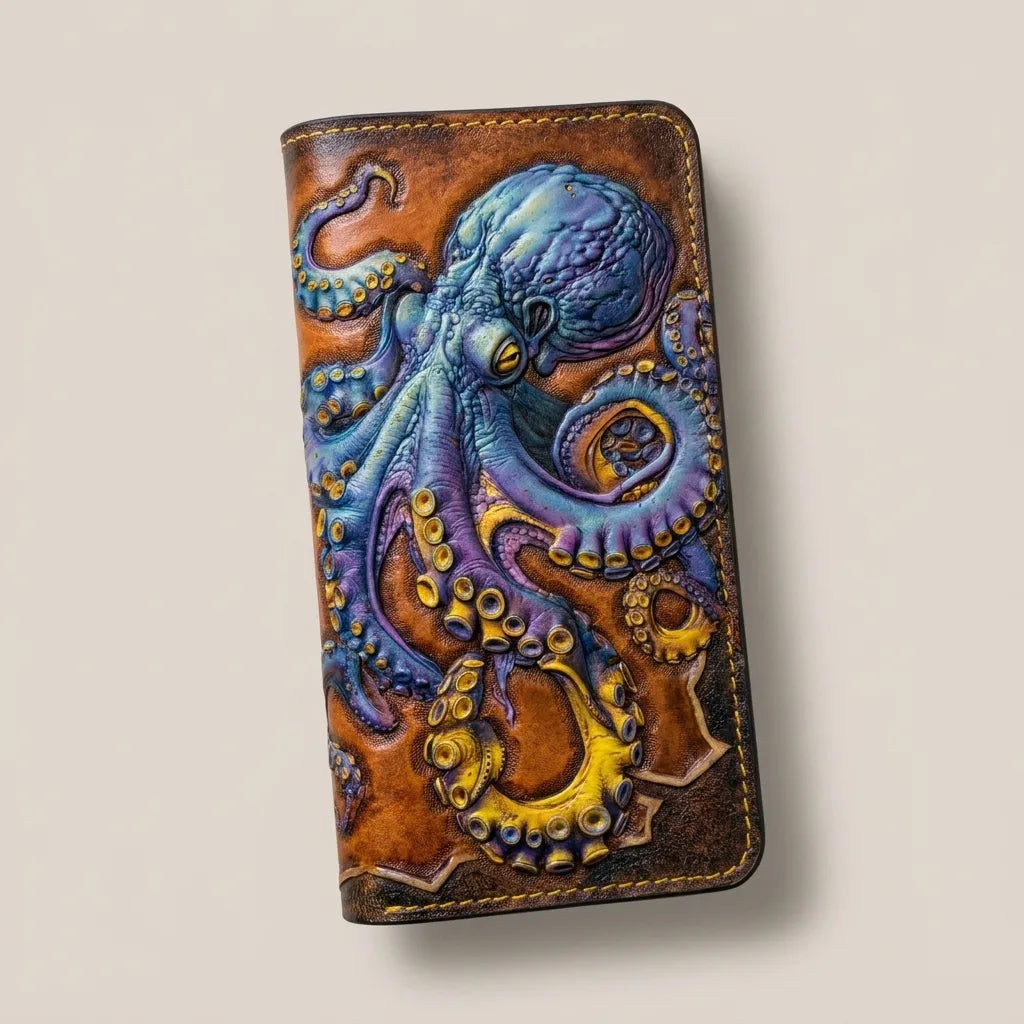 Hand-tooled leather wallet with a carved purple and blue octopus kraken sea monster design on a studio background.