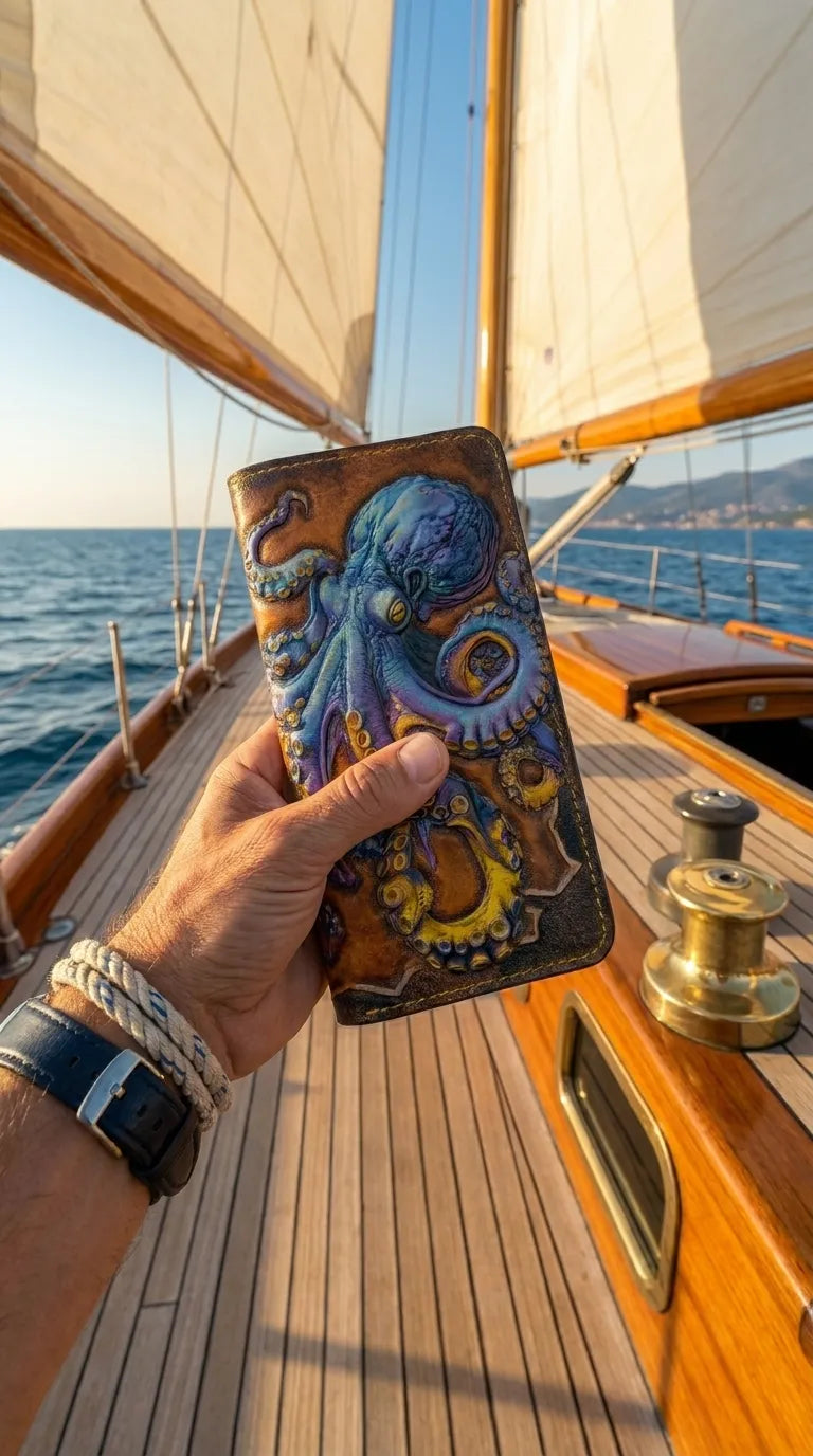 A man holding a hand-carved leather octopus wallet on the wooden deck of a luxury sailing yacht at sea, unique gift for him.