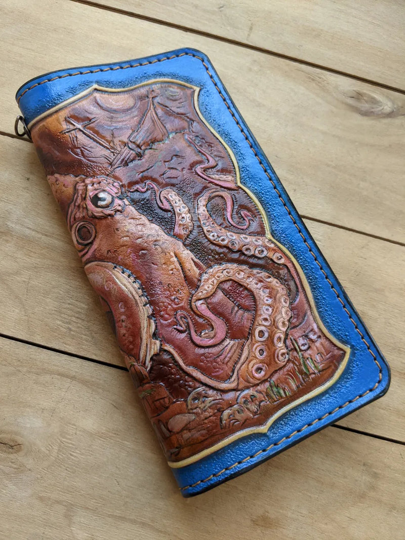 Ocean kraken themed long biker leather wallet with detailed artwork