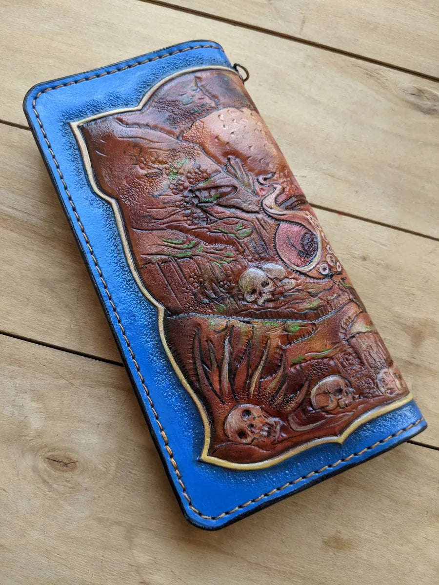 Sea monster and octopus tentacle design on leather long biker wallet with chain